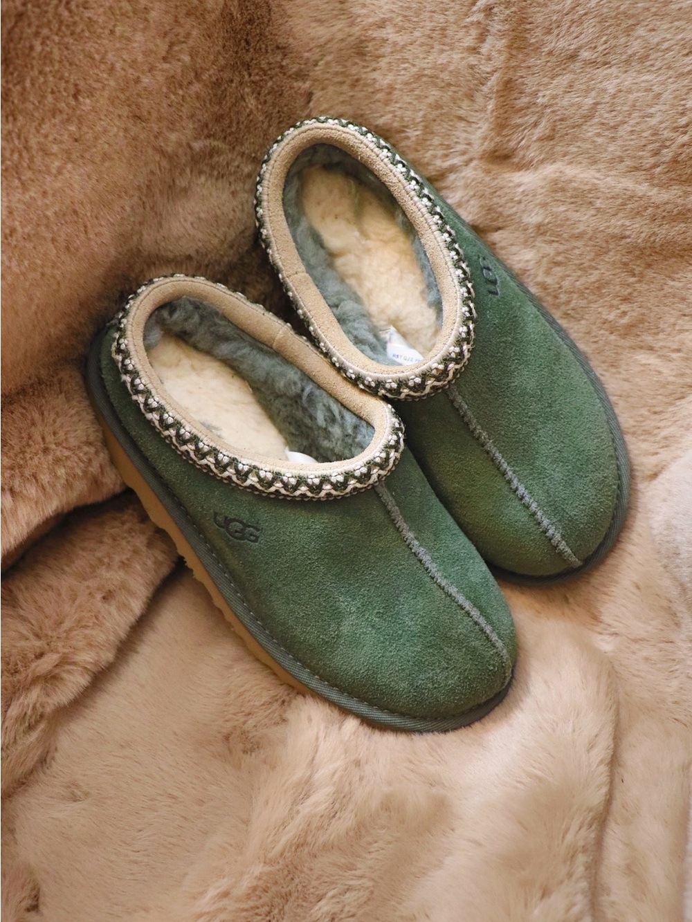 UGG Kids Green Suede Cozy Slip-On Slippers